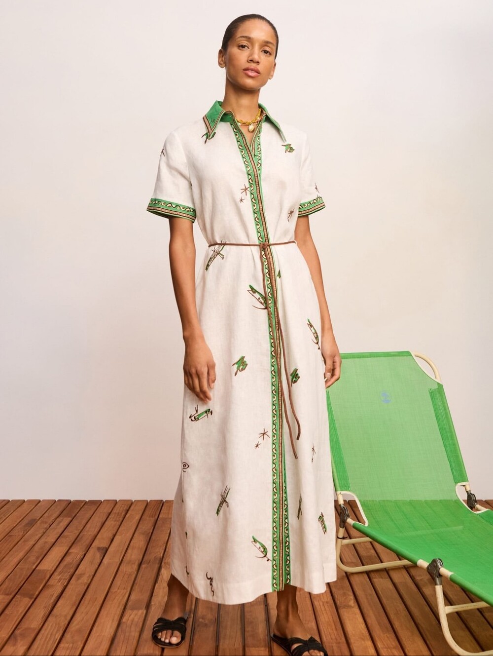 ALEMAIS Wanda belted embroidered linen midi shirt dress